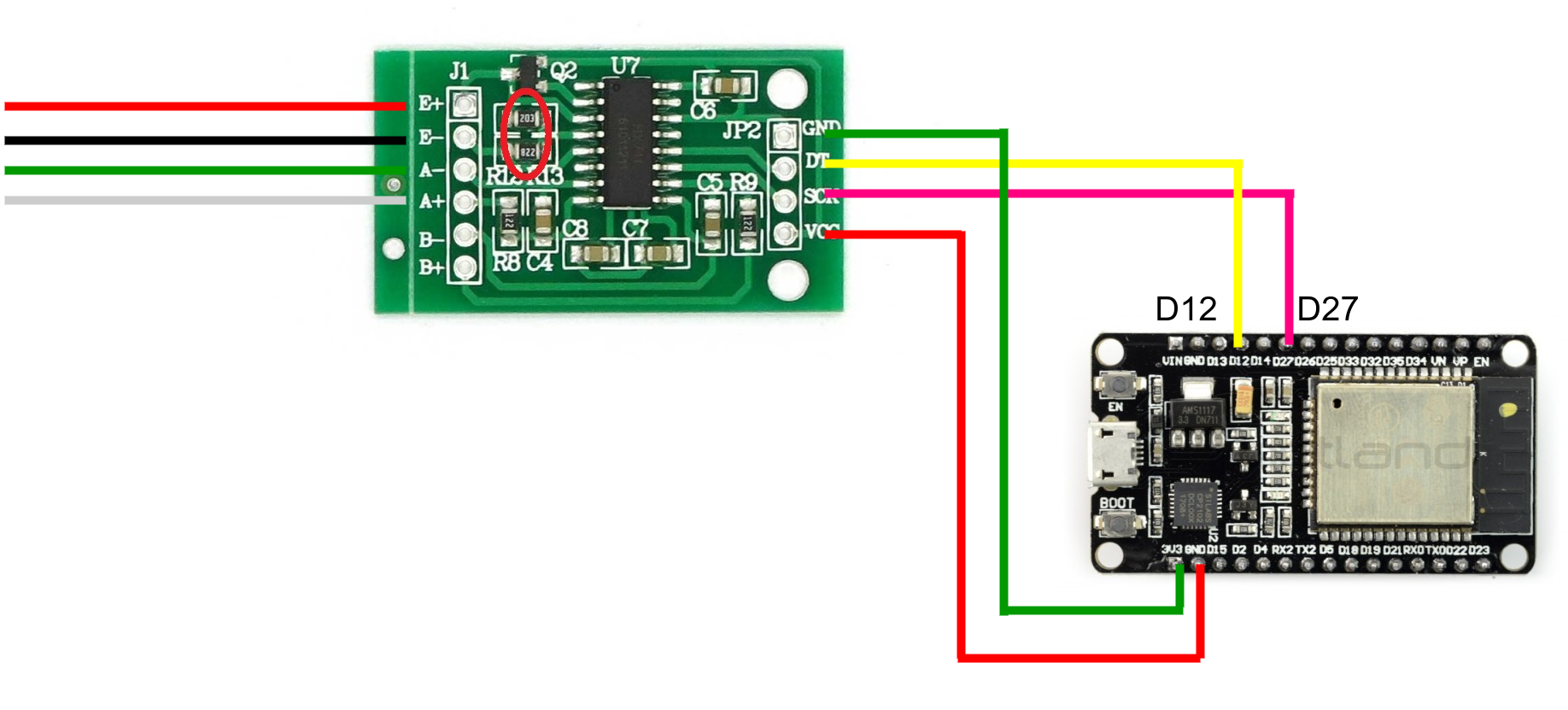 Figure 5: HX711 -&gt; ESP32 connection diagram (WARNING! Please ensure that the 3.3V and GND are connected correctly, they are WRONGLY swapped in the image)